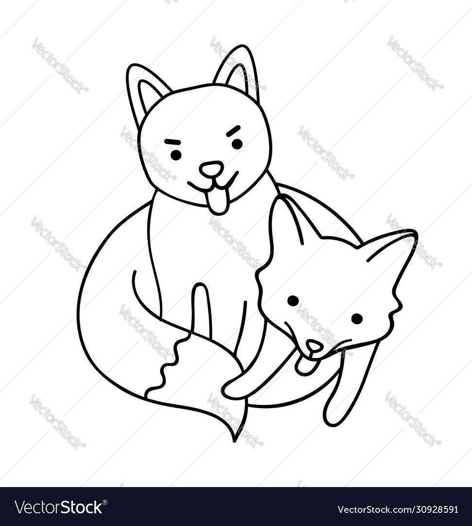 Dog shiba and black fox cute cartoon characters