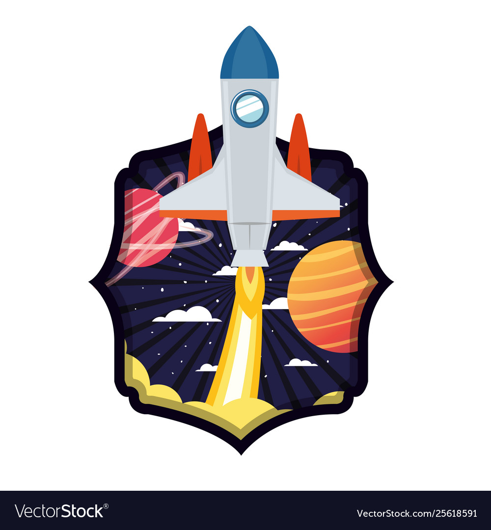 Frame with rocket taking off and planets