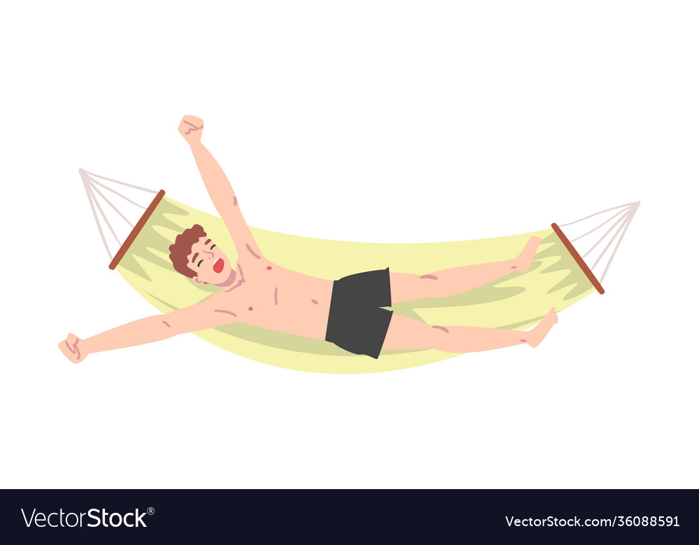 Stretched man character lying in hammock