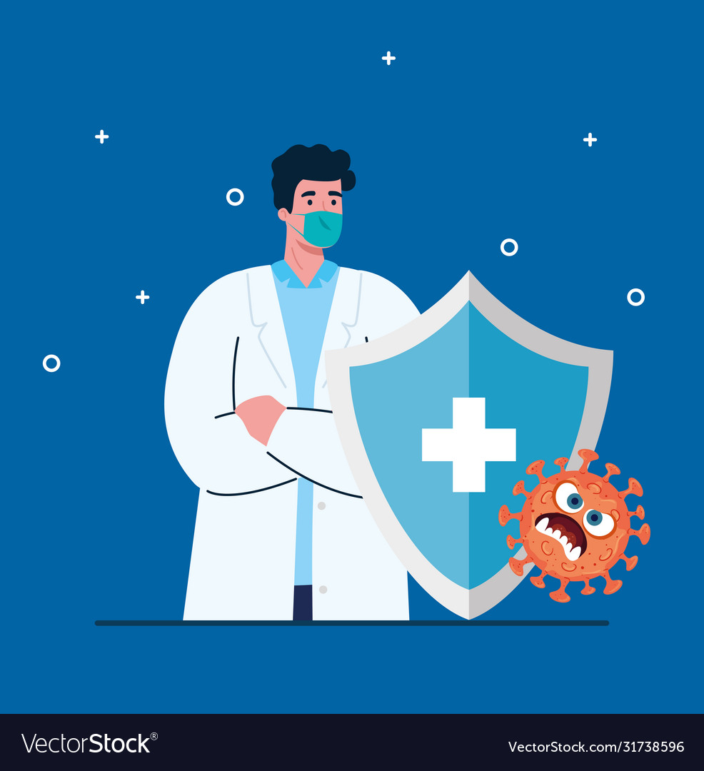 Doctor with medical mask and shield cartoon