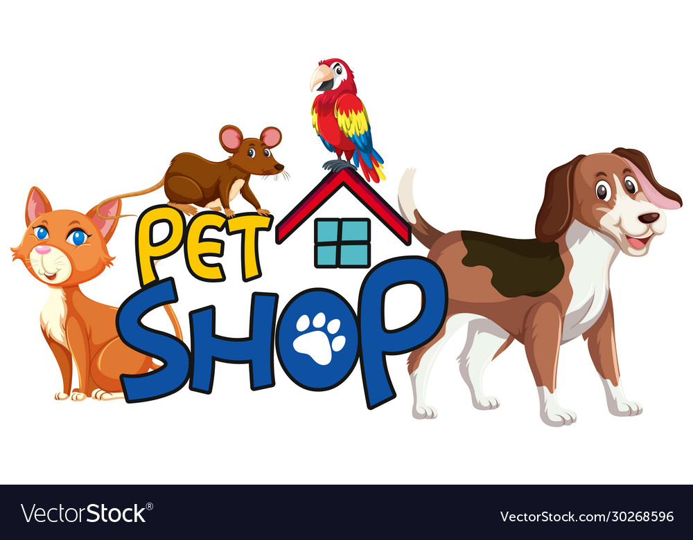 Font design for word pet shop with many animals Vector Image