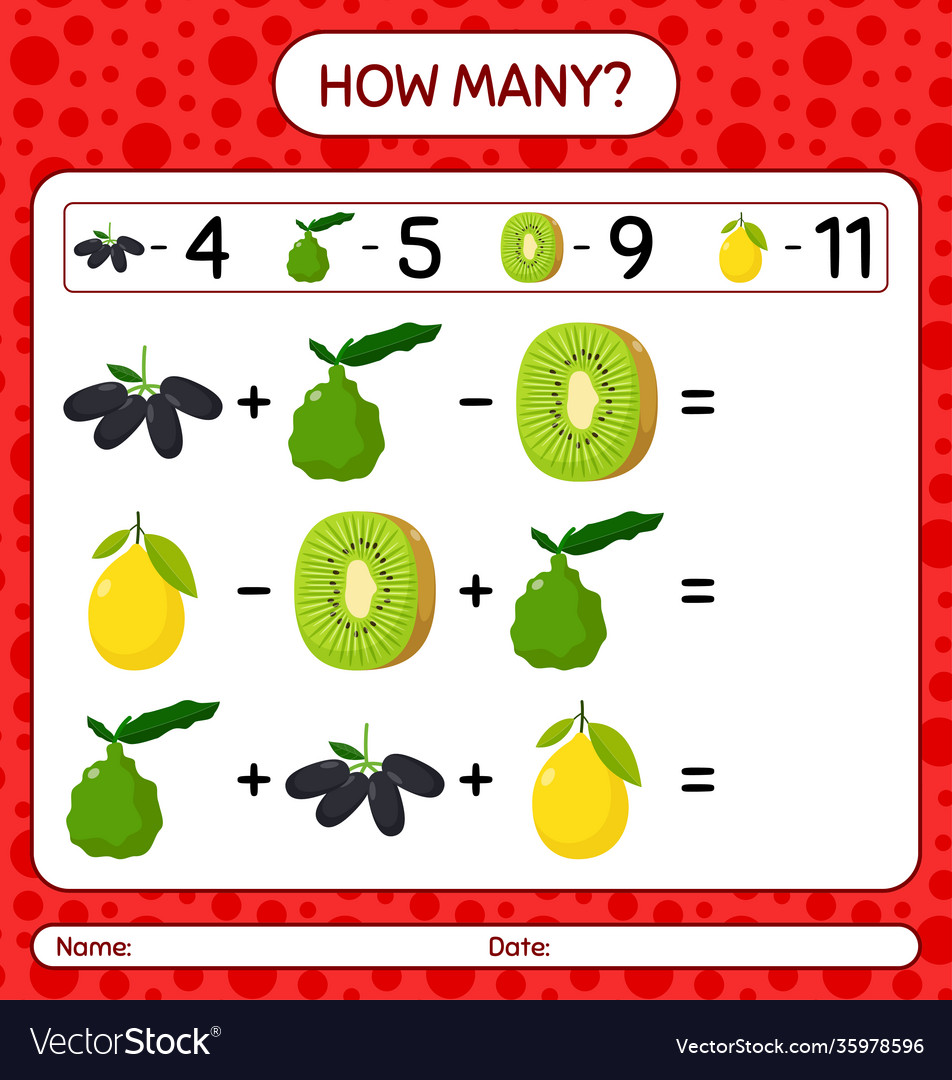How many counting game with fruit worksheet vector image How many counting game with fruit worksheet
