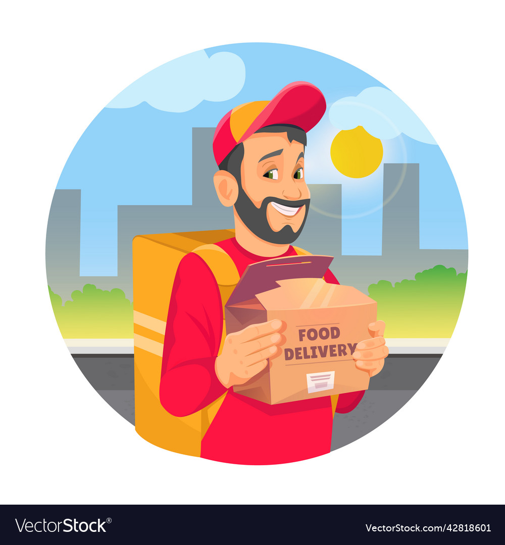 Food delivery man holding fast box on city