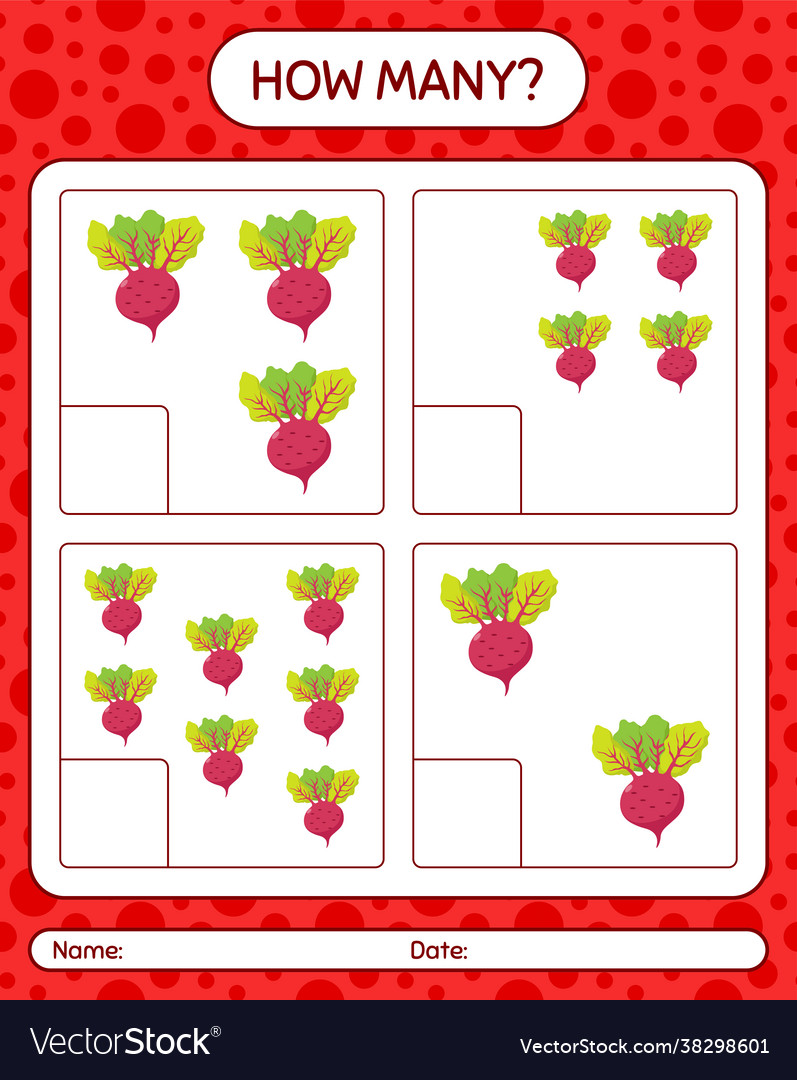 How many counting game with beet root worksheet vector image How many counting game with beet root worksheet
