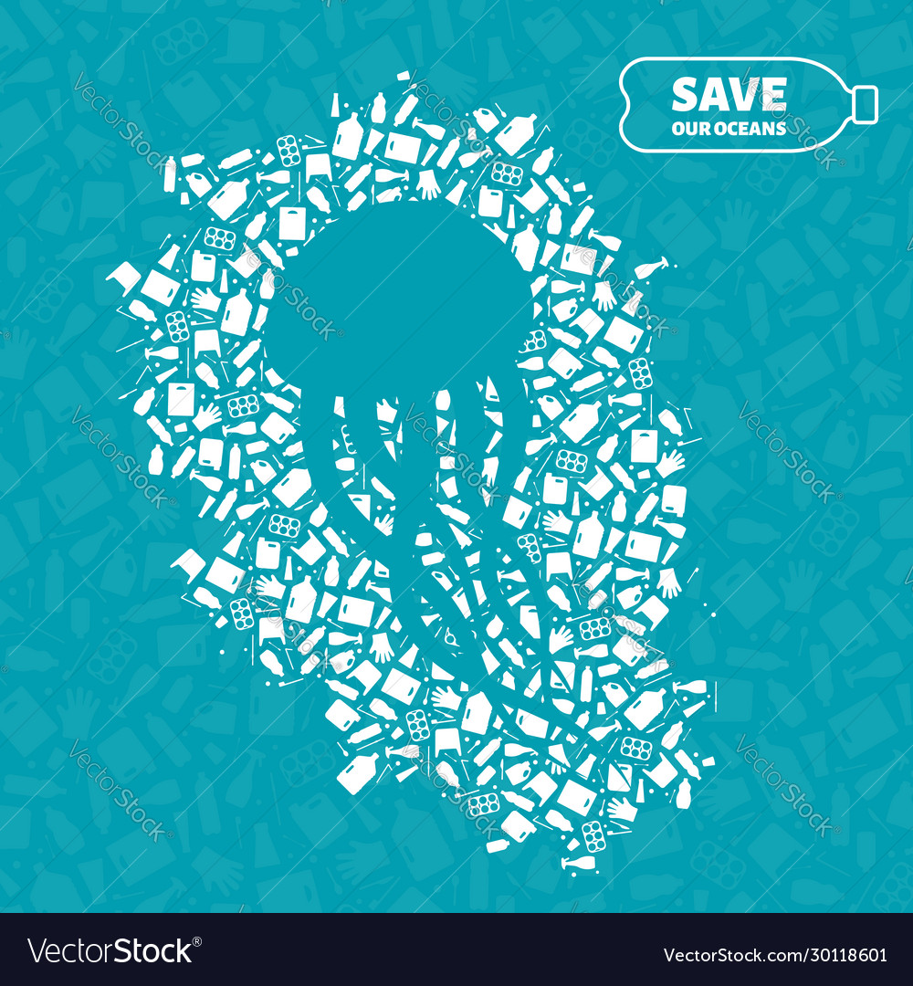 Jellyfish stop ocean plastic pollution concept vector image Jellyfish stop ocean plastic pollution concept