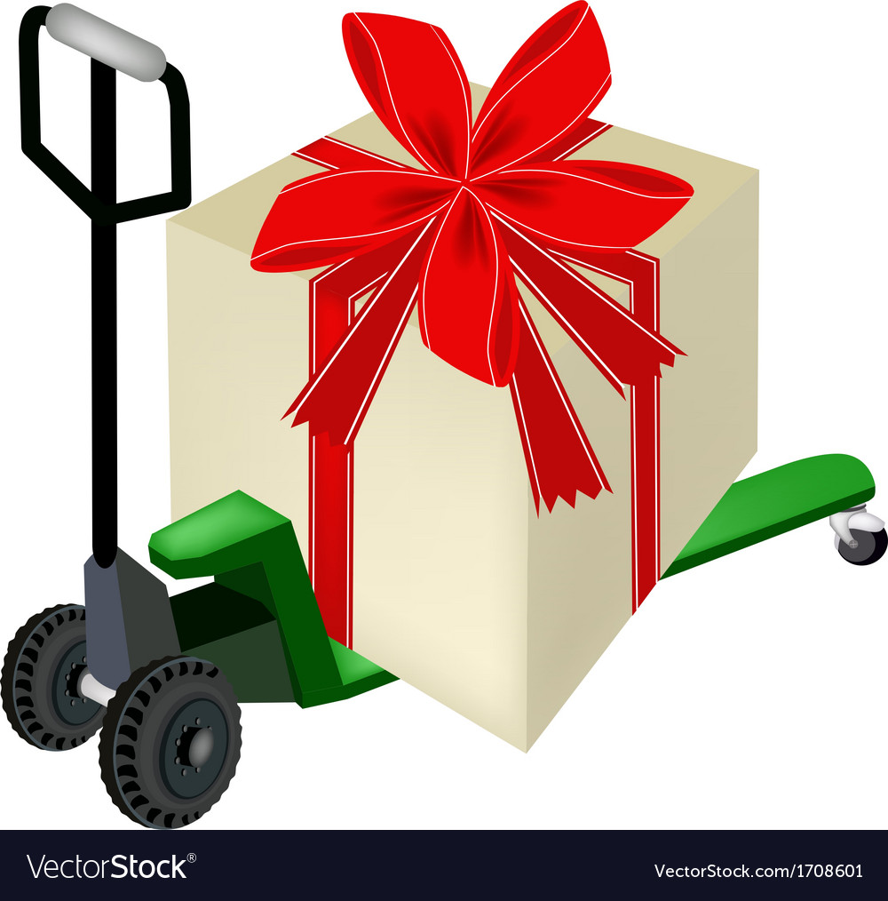 pallet truck loading a big gift box royalty free vector