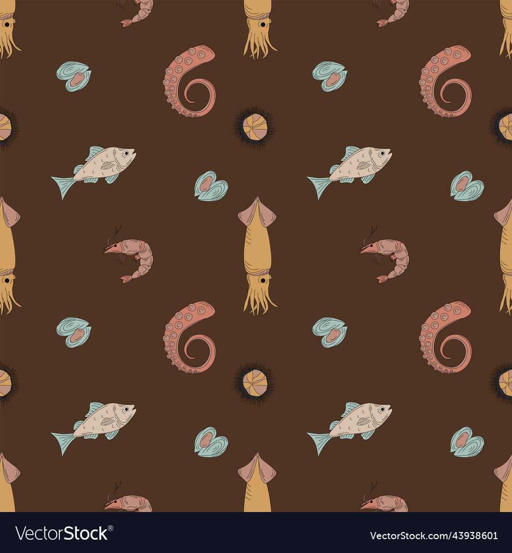 Seamless pattern with marine animals flat hand