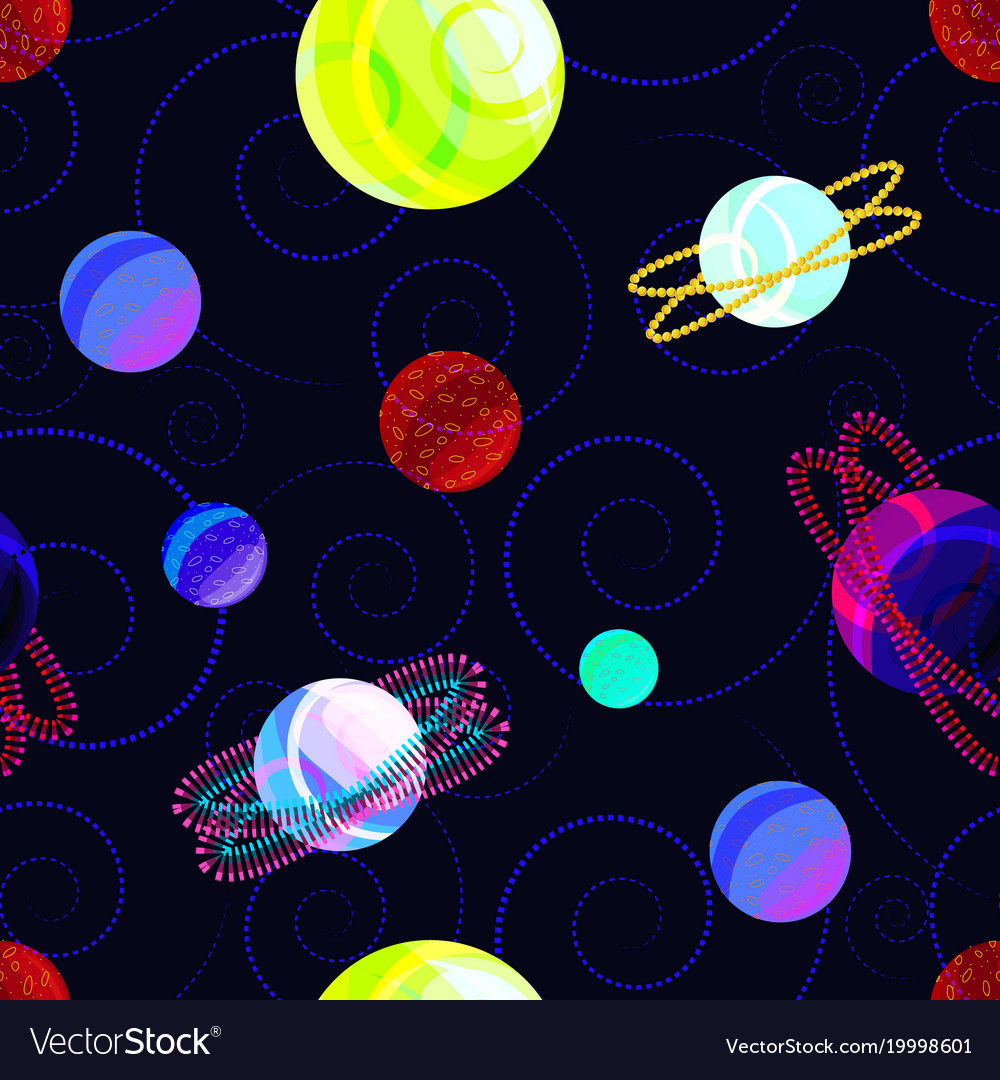 Seamless pattern with planets and abstract spiral