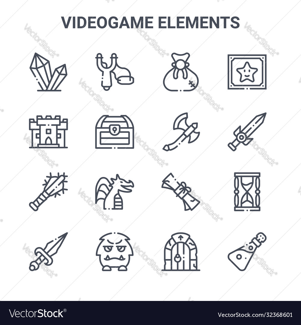 Set 16 videogame elements concept line icons vector image Set 16 videogame elements concept line icons
