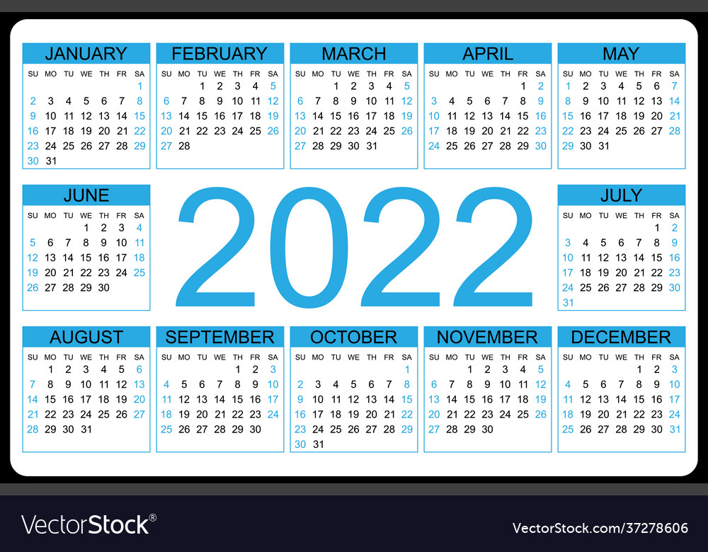 Calendar 2022 Yearly Week Starts On Sunday Vector Image