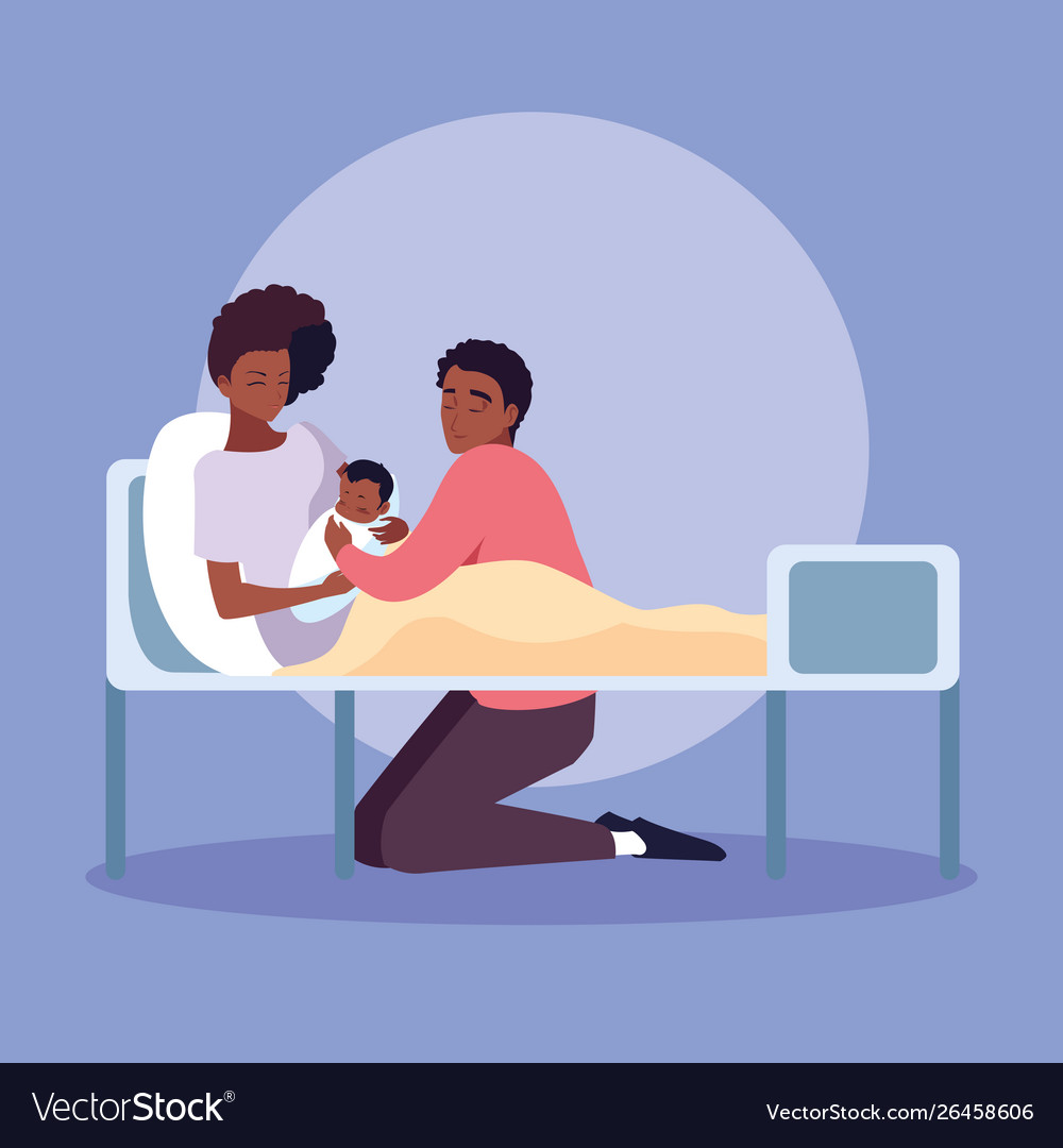 Mother afro with newborn in stretcher and father