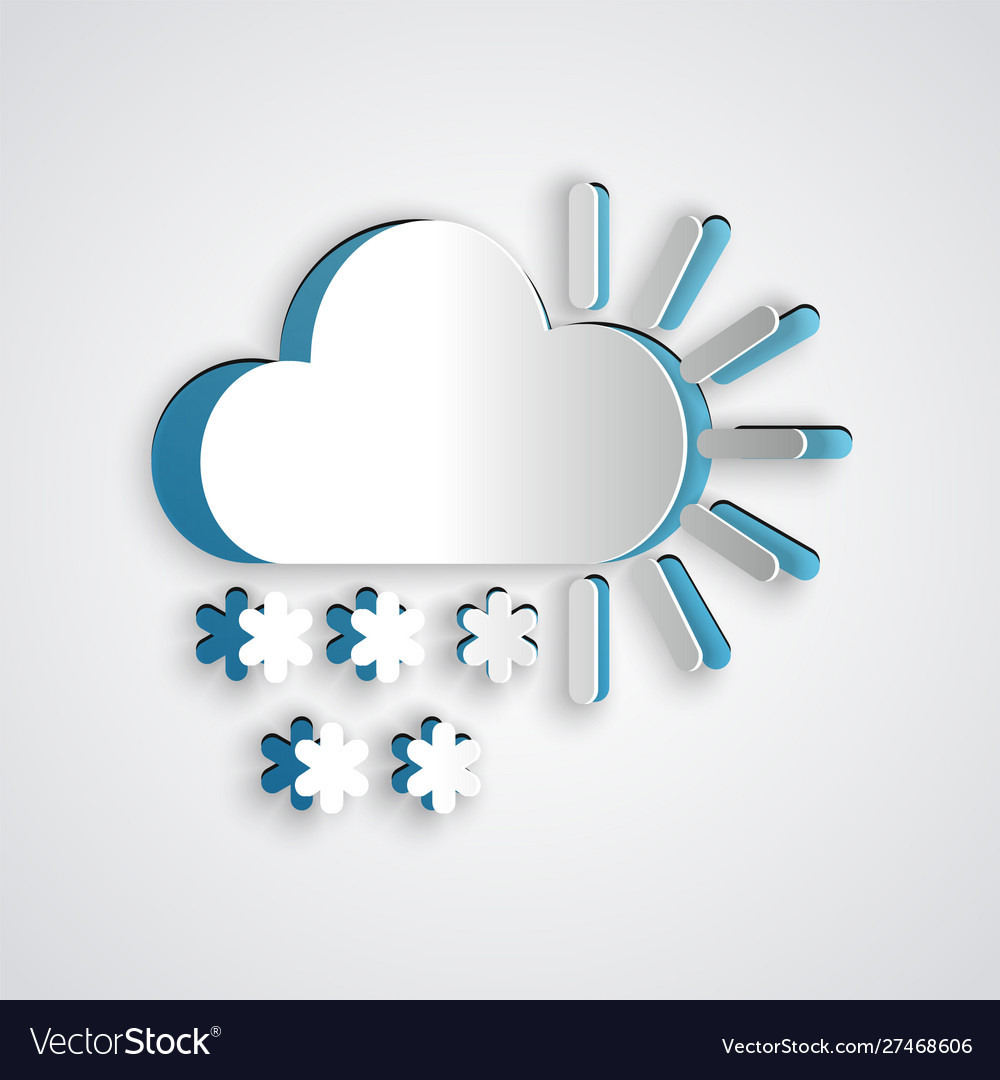 Paper cut cloudy with snow icon isolated on grey