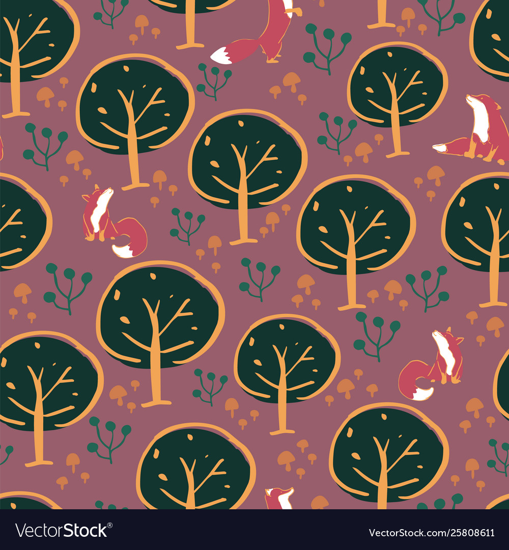 Fox forest seamless pattern design vector image Fox forest seamless pattern design