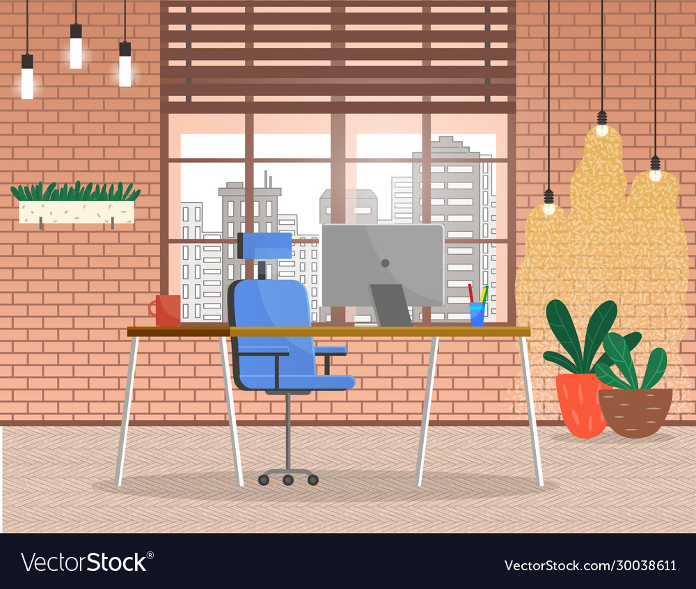 Office with working place and modern window view vector image Office with working place and modern window view