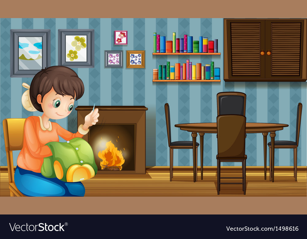 A mother sewing near the fireplace Royalty Free Vector Image