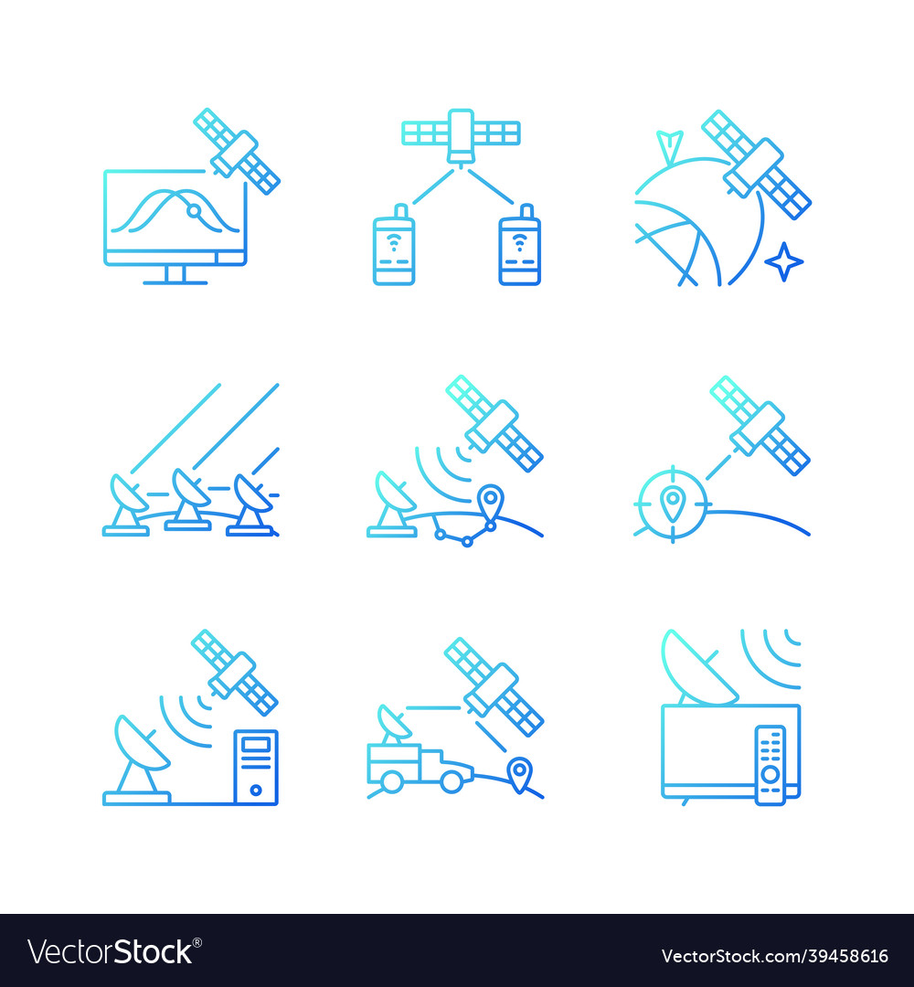 Artificial satellites gradient linear icons set vector image Artificial satellites gradient linear icons set