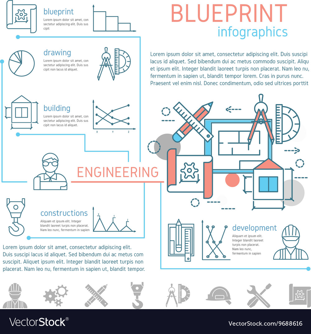 Blueprint and engineering linear infographics Vector Image