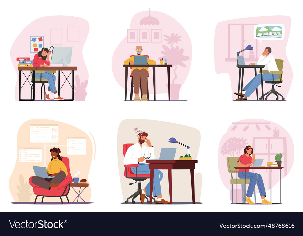 Characters with laptops and desktop computers vector image Characters with laptops and desktop computers