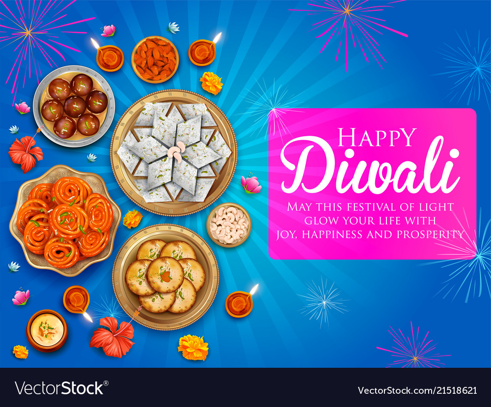 Burning Diya With Assorted Sweet And Snack Vector Image