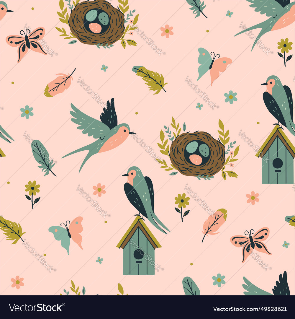 Seamless spring pattern with swallows nests Vector Image Seamless spring pattern with swallows nests