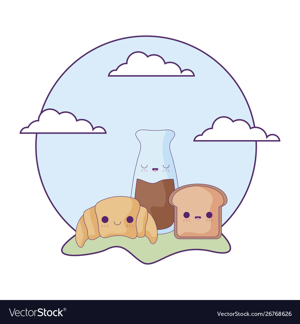 Croissant bread with set food in landscape kawaii