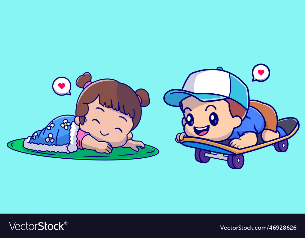 Cute boy playing skateboard and girl sleeping