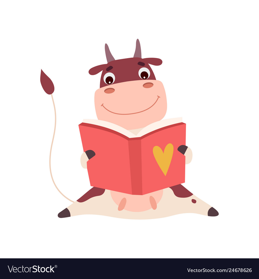 Cute smiling cow sitting on floor and reading book