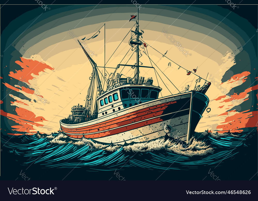 Fishing boat art of on water ship floating