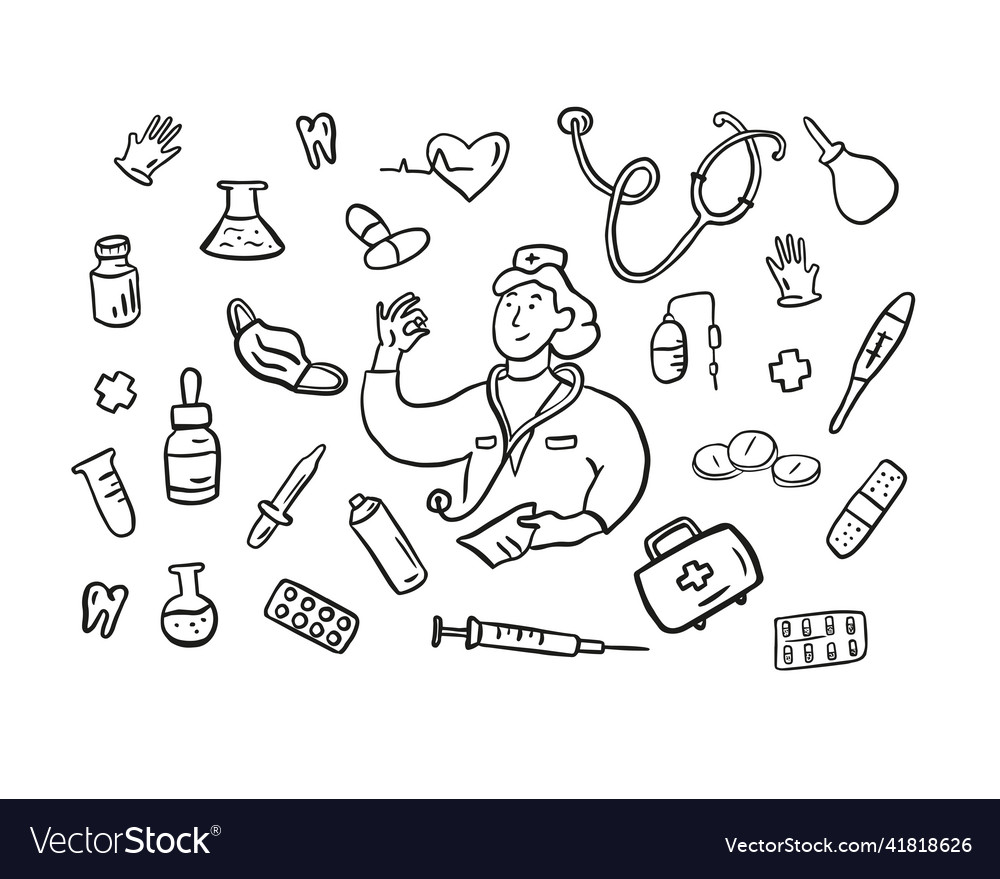 Hand gezeichnete medizinische Doodle-Set vector image Hand gezeichnete medizinische Doodle-Set