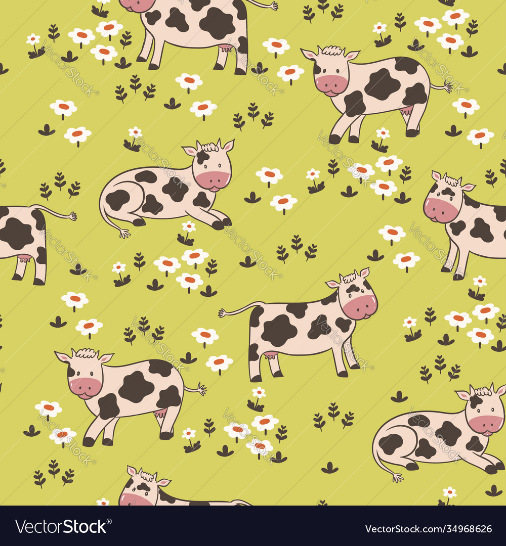 Seamless pattern with cows in meadow vector image Seamless pattern with cows in meadow