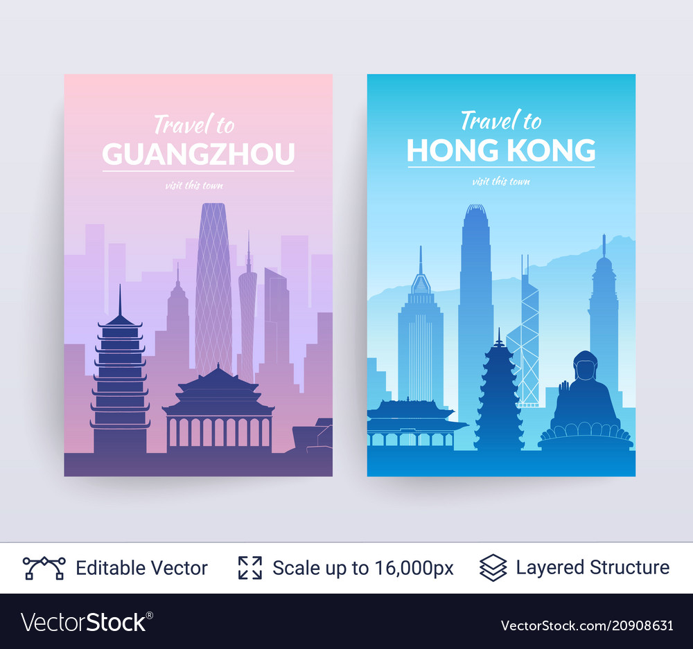 Guangzhou and hong kong famous city scapes vector image Guangzhou and hong kong famous city scapes