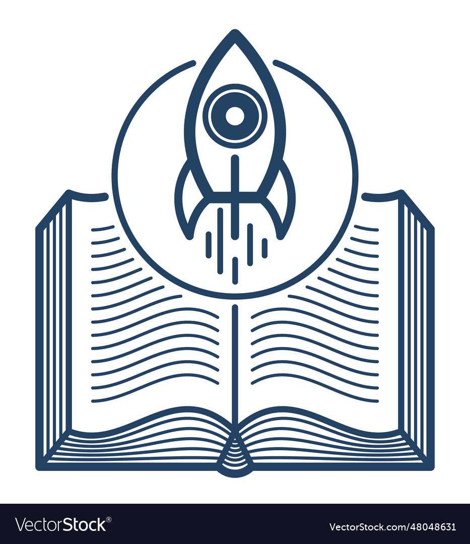 Open book with launching rocket linear icon Vector Image