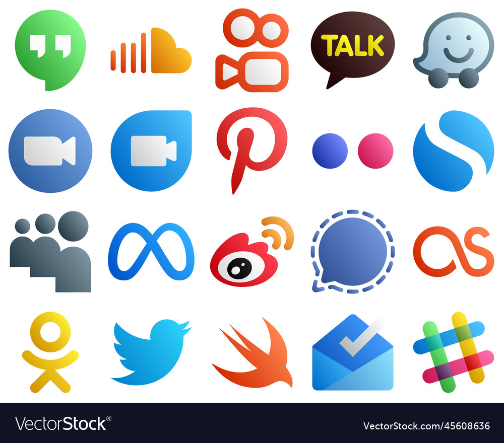 Gradient social media icon set 20 icons Royalty Free Vector