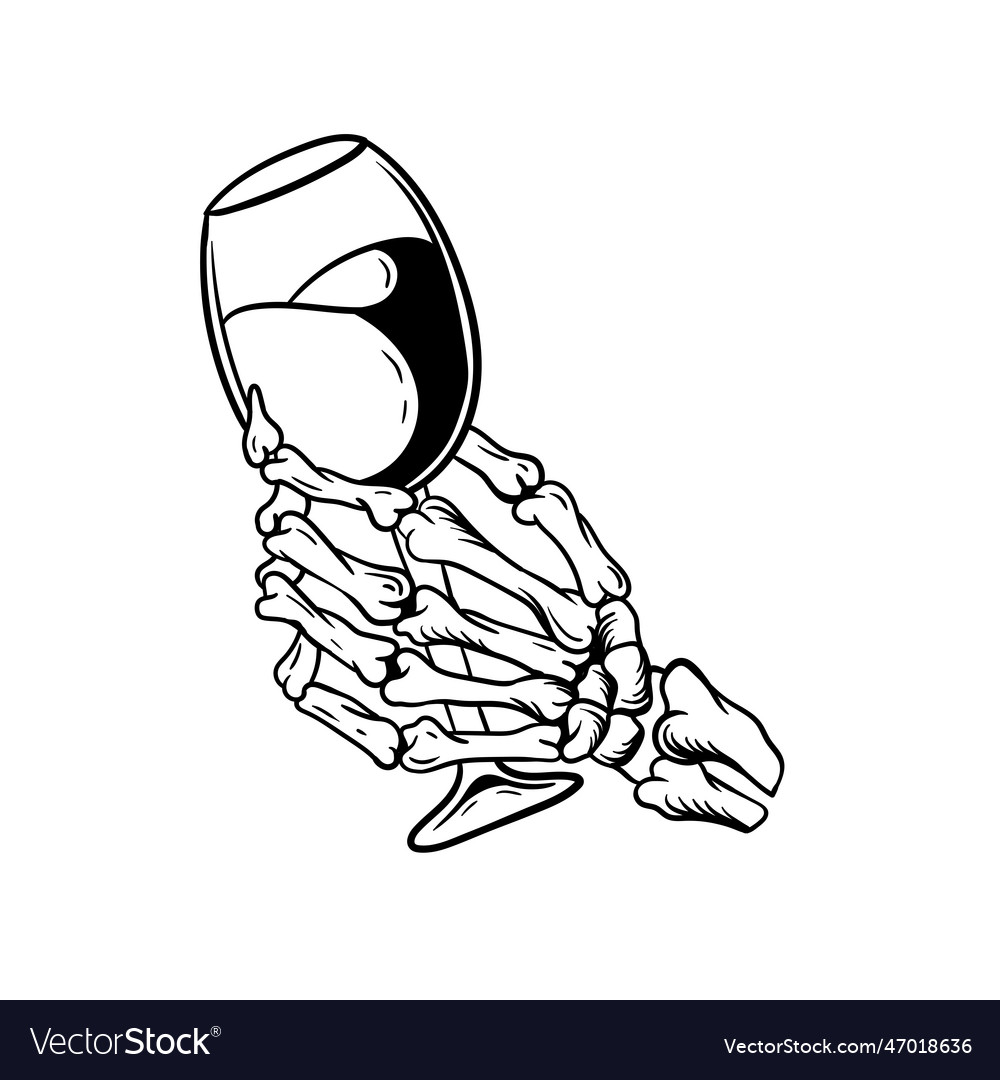 Skull hand holding a glass of wine outline Vector Image