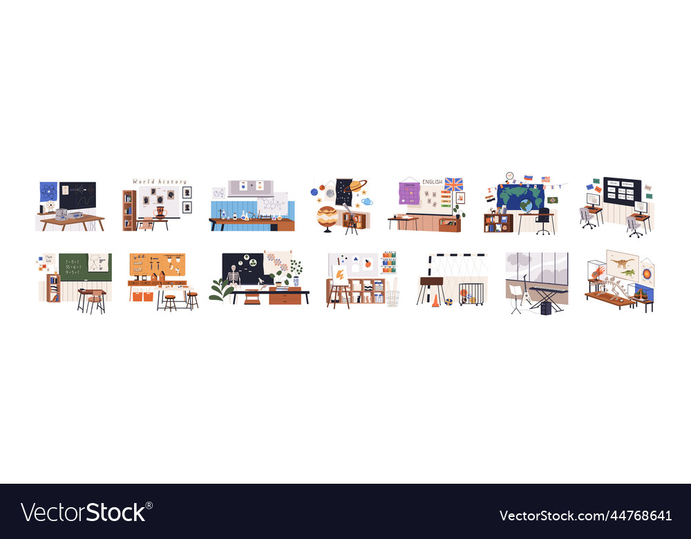 Classrooms interiors set empty classes study vector image Classrooms interiors set empty classes study