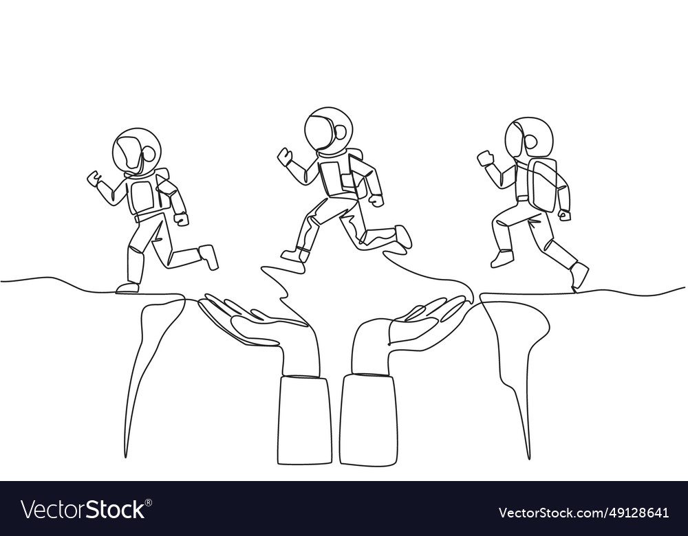 Continuous one line drawing 3 astronauts running vector image Continuous one line drawing 3 astronauts running