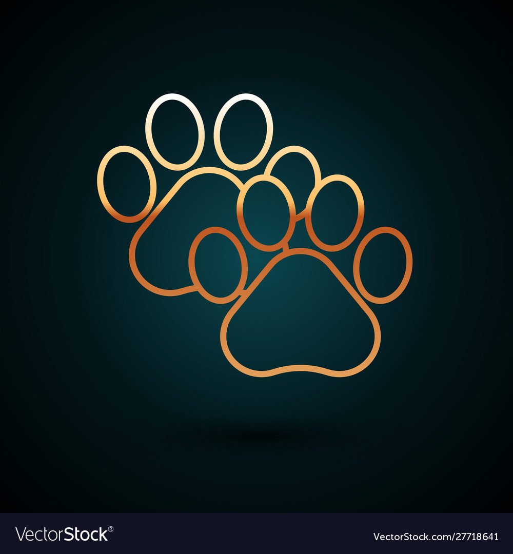 Gold line paw print icon isolated on dark blue