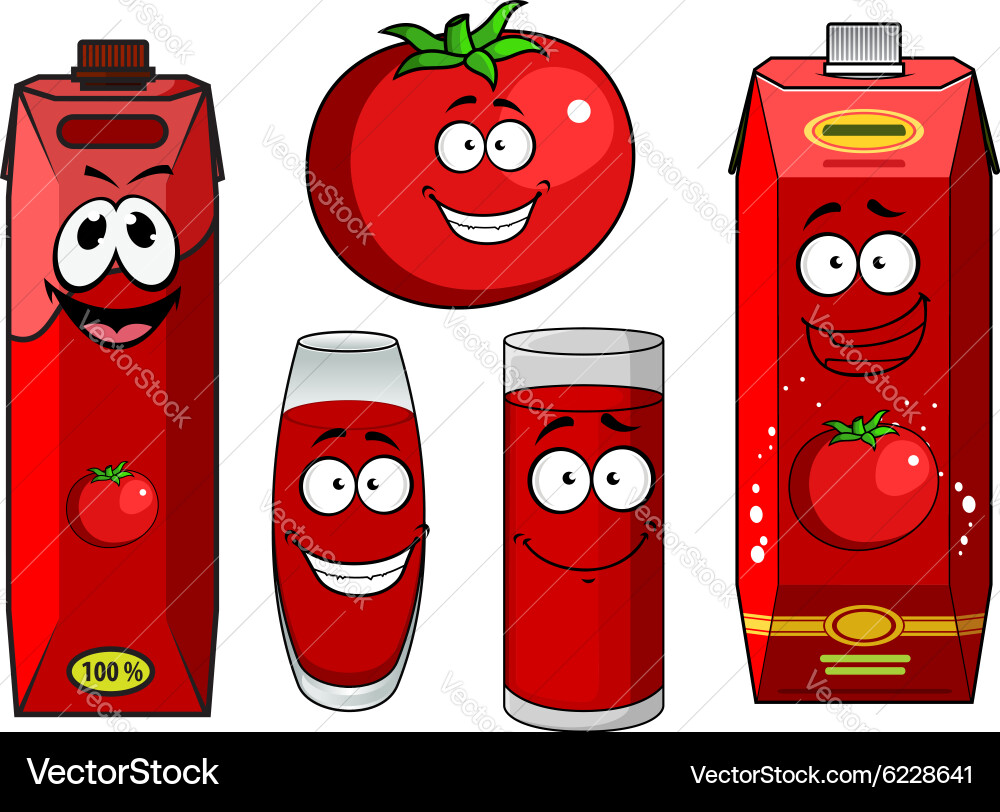 Natural tomato juice cartoon characters Royalty Free Vector