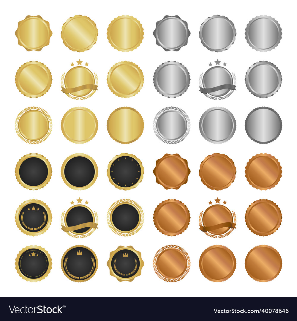 Collection of modern gold circle metal badges vector image Collection of modern gold circle metal badges