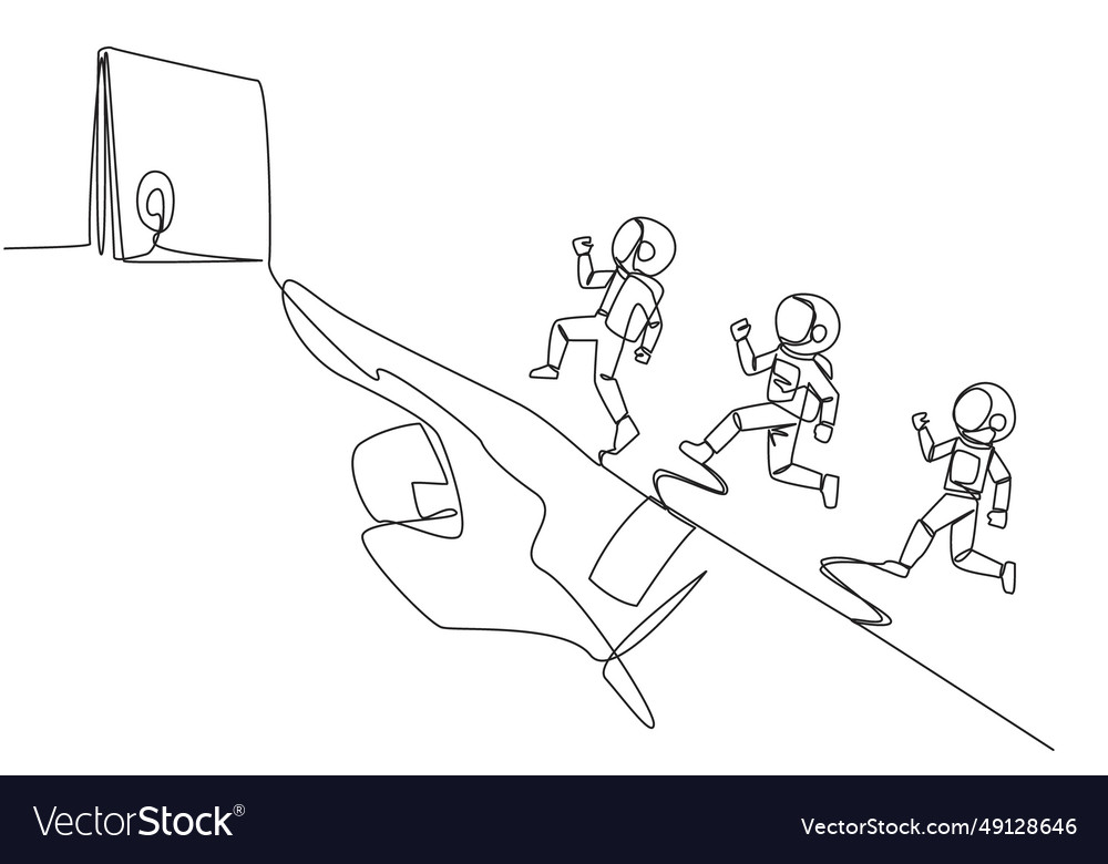 Continuous one line drawing 3 astronauts running vector image Continuous one line drawing 3 astronauts running