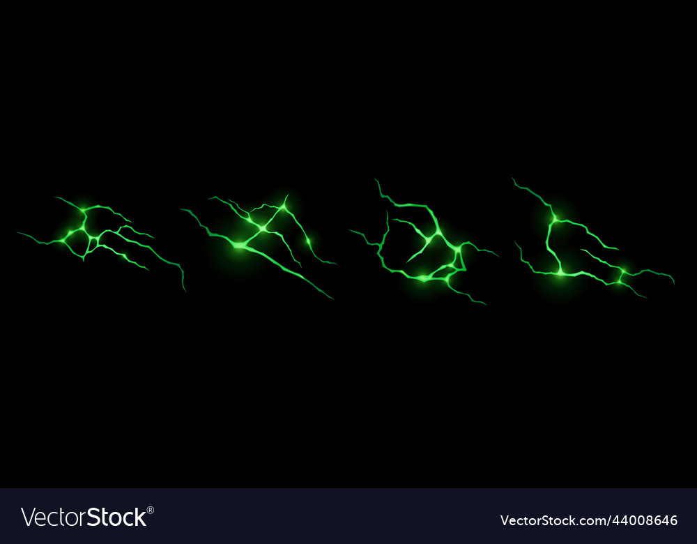 Green lightnings realistic set isolated on black Vector Image