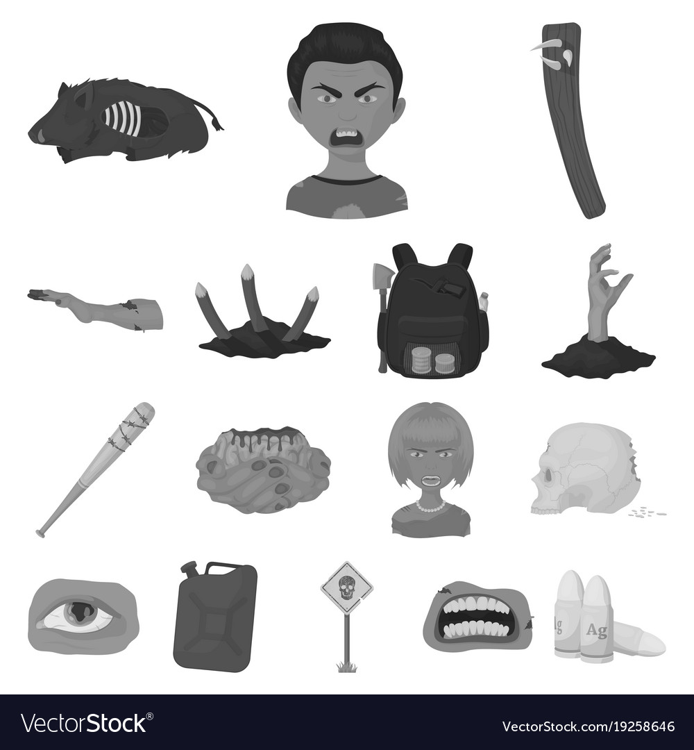 Zombies and attributes monochrome icons in set