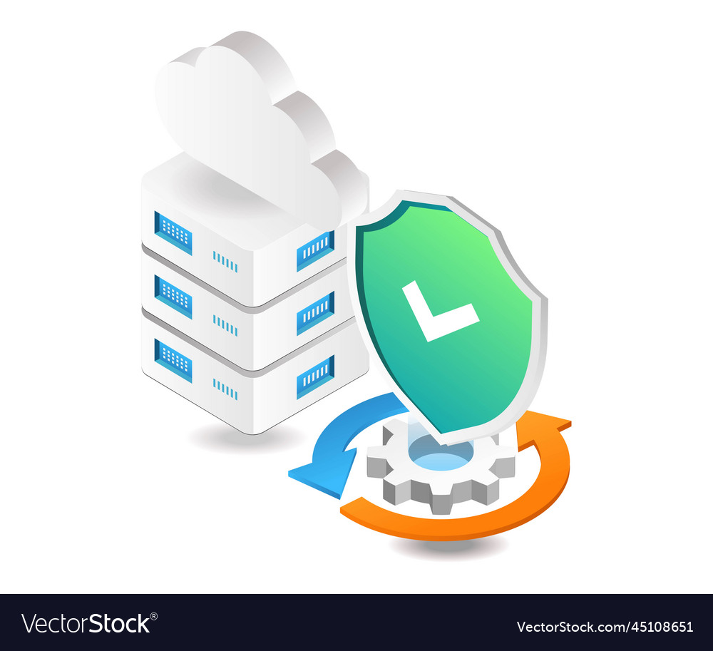 Flat isometric 3d cloud server data security vector image Flat isometric 3d cloud server data security