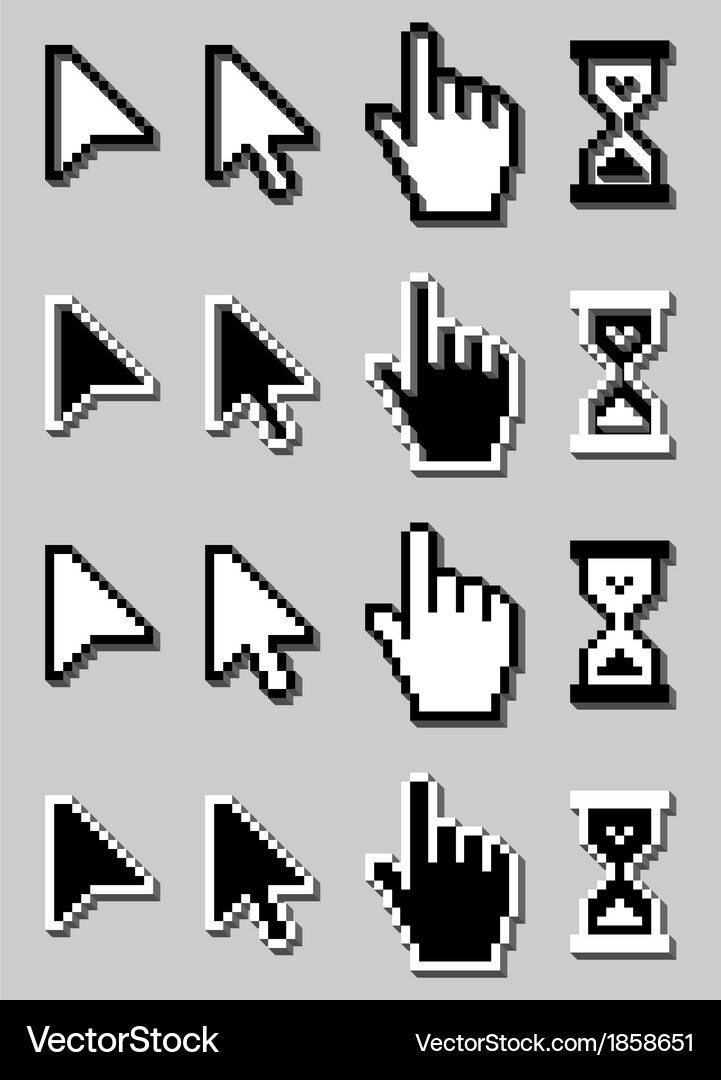 Pixel Mouse Cursor Icons - Hand & Hourglass Vector Image