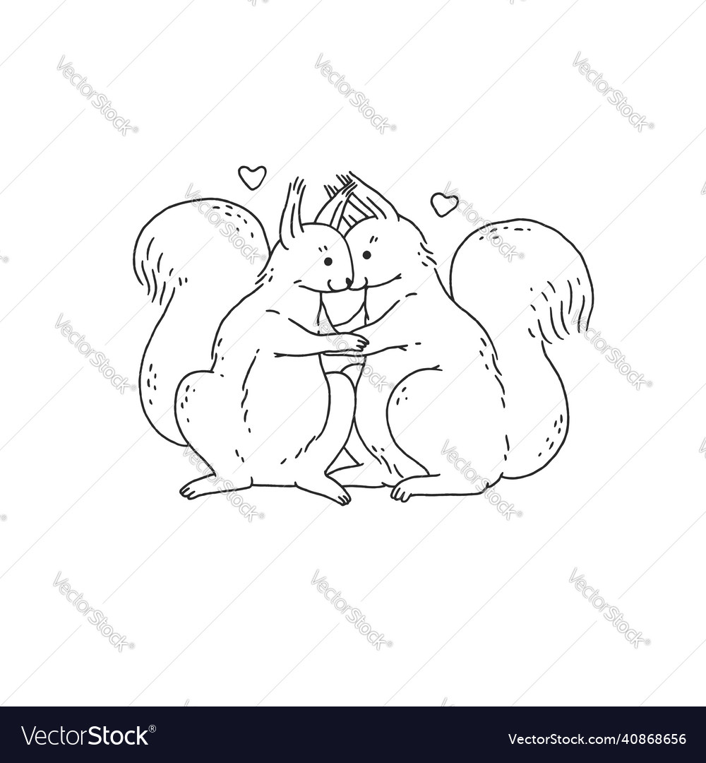 Couple loving squirrels with hearts cartoon black