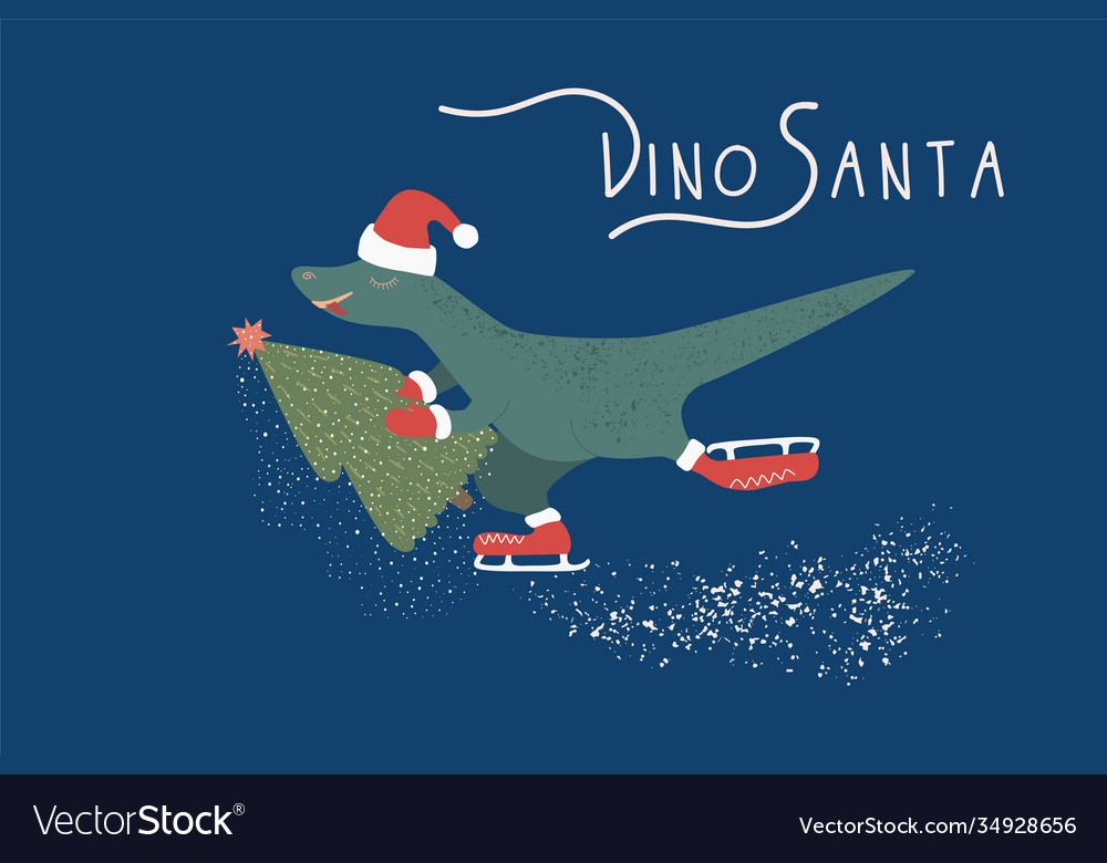 Dinosaur santa with christmas tree on background vector image Dinosaur santa with christmas tree on background