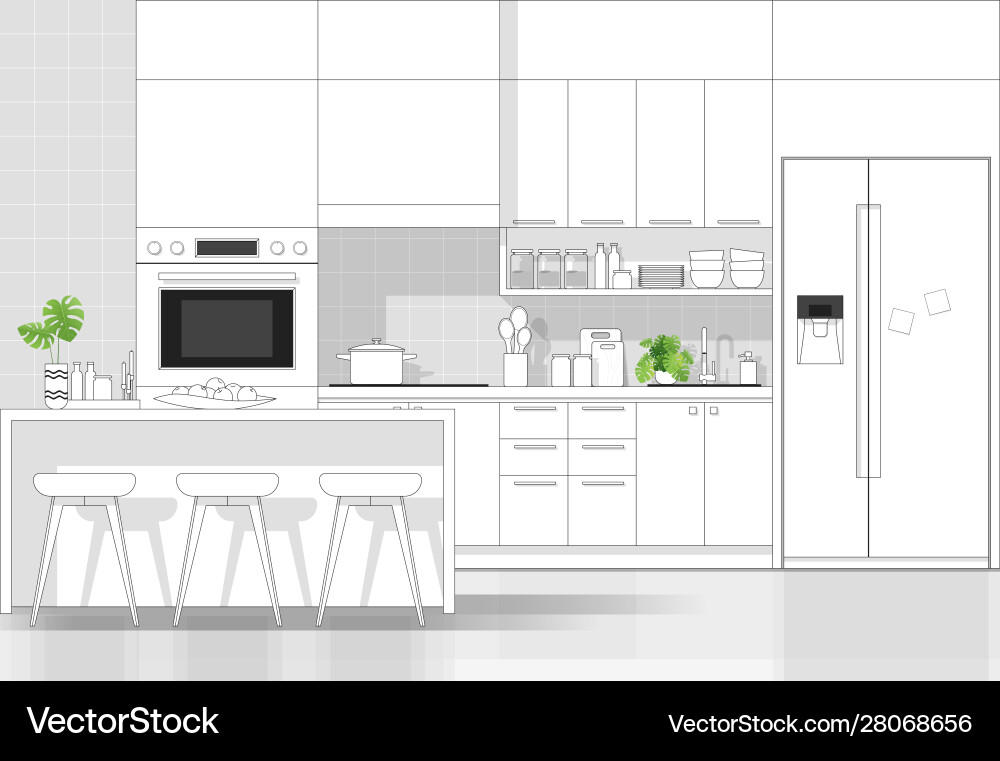 Modern kitchen in black line sketch Royalty Free Vector