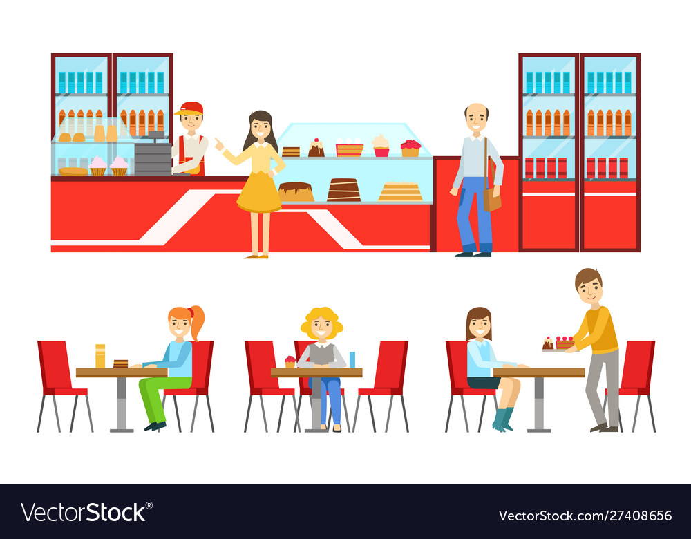 People choosing and buying desserts Royalty Free Vector