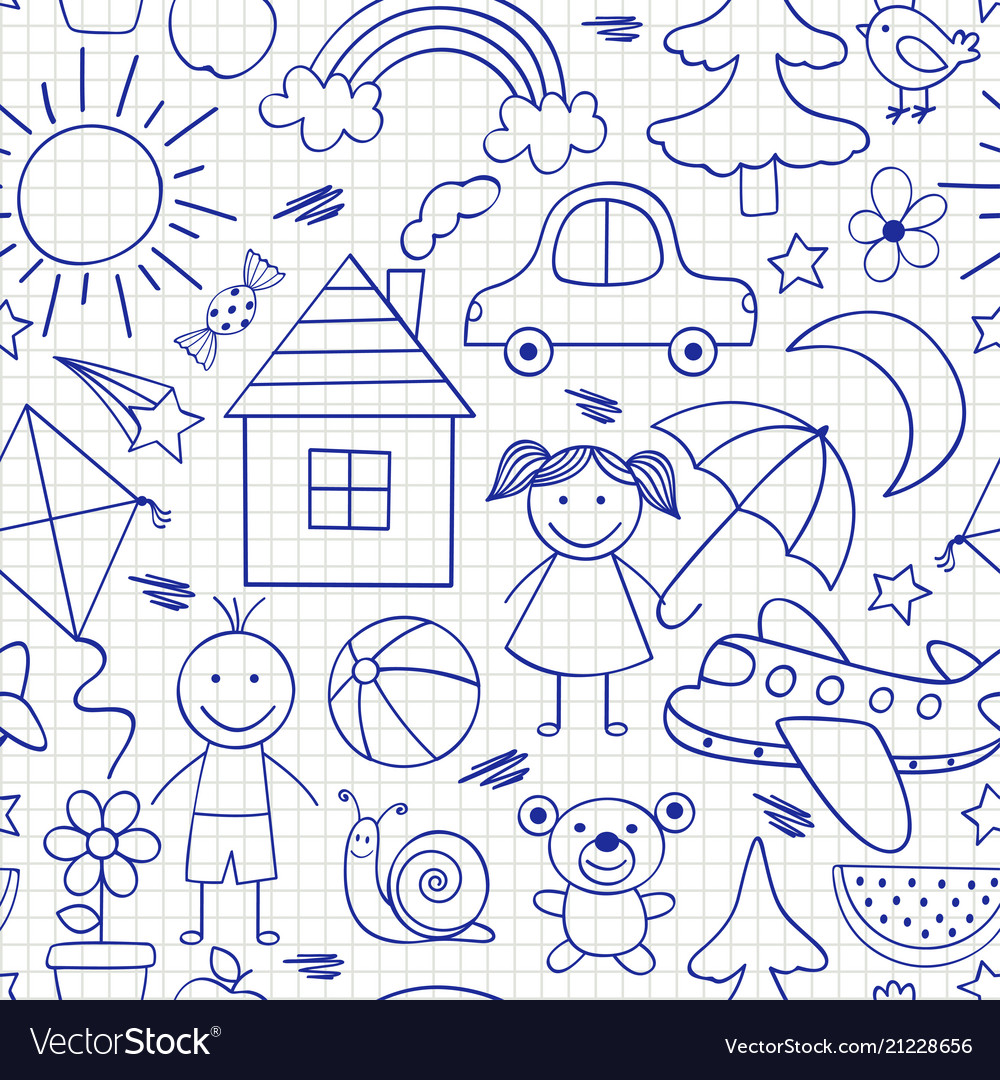 Seamless pattern with kids drawings in blue color Vector Image