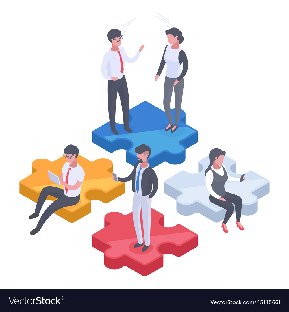 Isometric teamwork concept puzzle metaphor